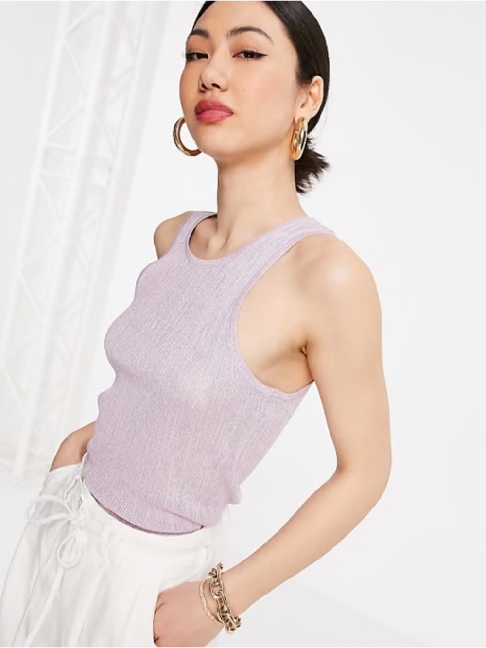 MANGO: Metallic Lilac Ribbed Tank Top - Women